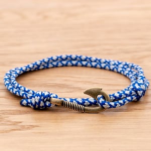 Blau und weiß Diamant Seil Armband, Bronze Fisch Haken Wickeln Armband, nautischen Stil Seil, Herren Armband, minimalistisch, Angeln Armband, PGUK
