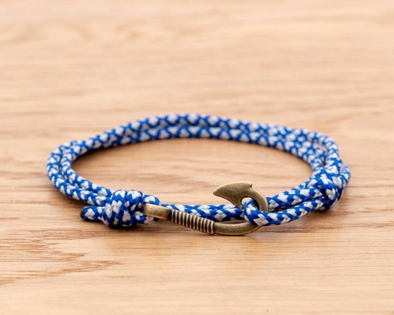 Blue and White Diamond Rope Bracelet, Bronze Fish Hook Wrap Bracelet,  Nautical Style Rope, Mens Bracelet, Minimalist, Fishing Bracelet, PGUK 