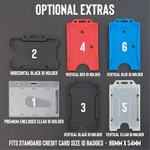 Peut inclure: Six types de porte-cartes d'identit&eacute; diff&eacute;rents, y compris des styles horizontaux et verticaux. Les porte-cartes sont en plastique transparent, noir, rouge et bleu. Les porte-cartes sont num&eacute;rot&eacute;s de 1 &agrave; 6. Le texte "FITS STANDARD CREDIT CARD SIZE ID BADGES - 86MM X 54MM" est en bas de l'image.