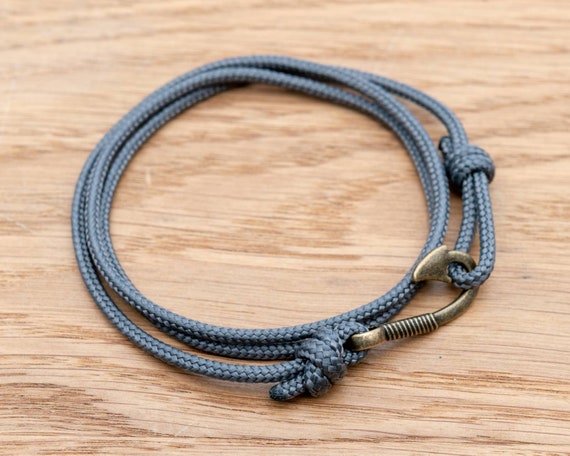 Graphite Grey Rope Bracelet, Antique Bronze Fish Hook Wrap Bracelet,  Nautical Style Rope, Mens Bracelet, Minimalist, Fishing Bracelet, PGUK 