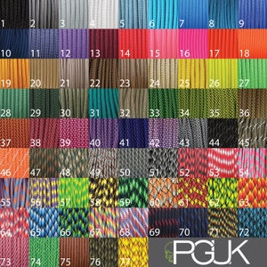 May include: A chart of 77 different colors of paracord, a type of strong nylon cord often used for crafting and survival purposes. The paracord is arranged in rows and columns, with each color labeled with a number from 1 to 77.