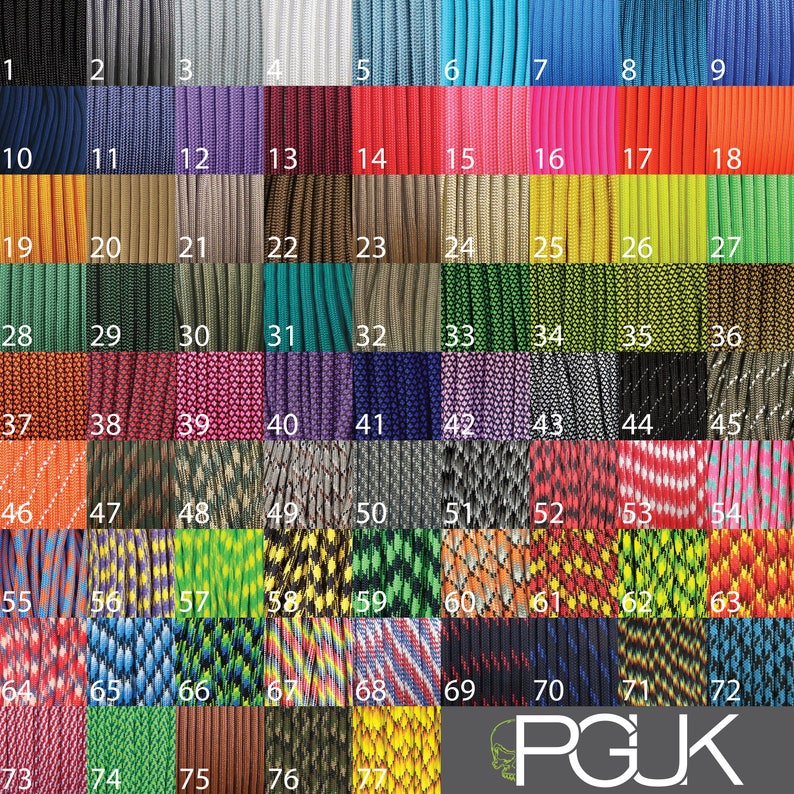 May include: A chart of 77 different colors of paracord, a type of strong nylon cord often used for crafting and survival purposes. The paracord is arranged in rows and columns, with each color labeled with a number from 1 to 77.