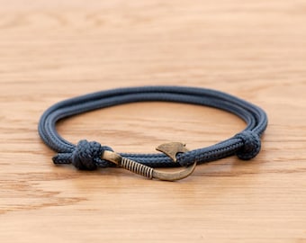 Navy Blue Rope Bracelet, Antique Bronze Fish Hook Wrap Bracelet, Nautical Style Rope, Mens Bracelet, Minimalist, Fishing Bracelet, PGUK