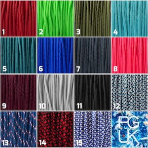 May include: A collection of 15 different colors of paracord, each color is shown in a separate square. The colors include red, green, dark green, blue, teal, royal blue, gray, black, maroon, white, pink, and a few patterned options.