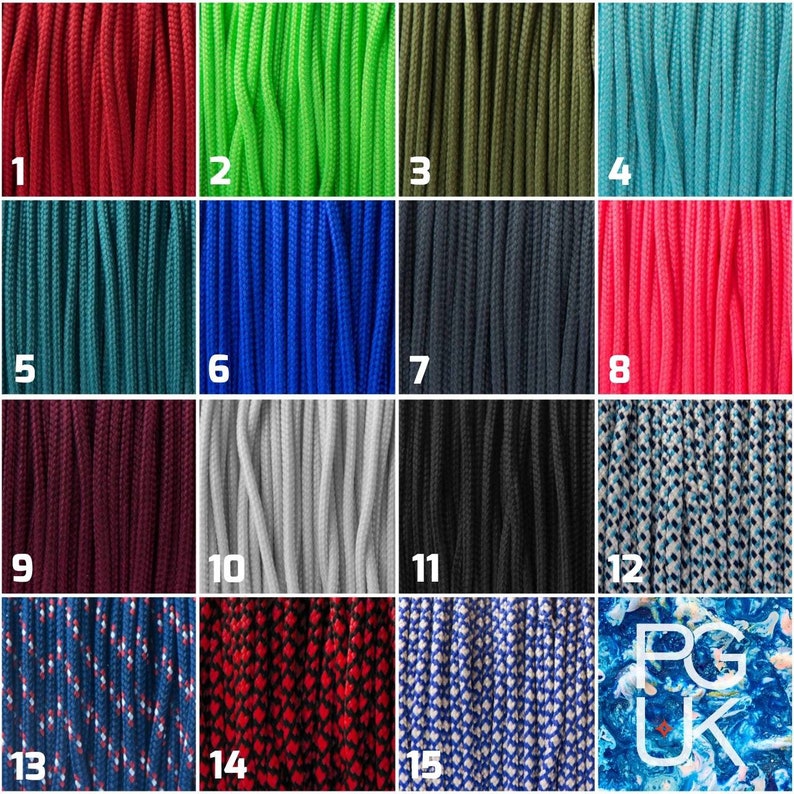 May include: A collection of 15 different colors of paracord, each color is shown in a separate square. The colors include red, green, dark green, blue, teal, royal blue, gray, black, maroon, white, pink, and a few patterned options.