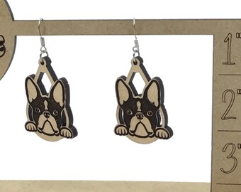 Boston Terrier peeking wood earrings