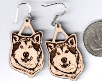 Alaskan Malamute wood earrings