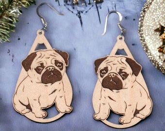Pug wood earrings - choice of styles and sizes