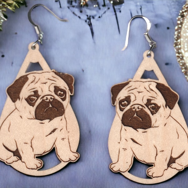 Pug wood earrings - choice of styles and sizes