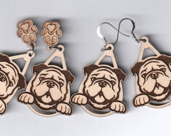 Bulldog peeking wood earrings - choice of style and size