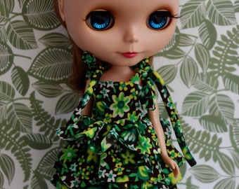 Vintage Green Flower Ruffle Summer Dress * Blythe * Pullip *
