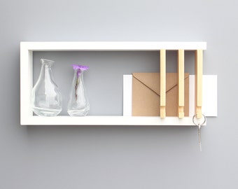 Custom White Entryway Organizer with 4 Hooks White Shelf, Modern White Shelf