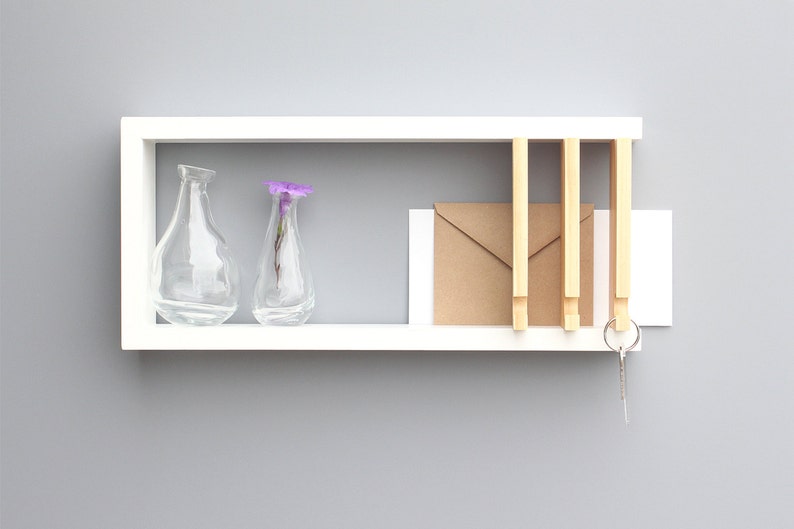 Wall Key Holder, Modern Shelf, White Key Shelf, Key Hanger, Solid Wood, Wood Shelf, Entryway Wall, Key and Mail Holder, image 1