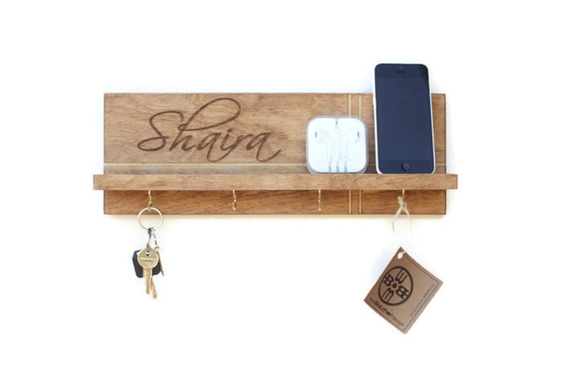 Engraved Key Rack Shelf With Key Hooks Custom Name Gift Etsy