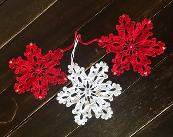 Beautifully crochet set of 3 Svarowski snowflakes/Christmas tree decoration/Christmas ornament/Handmade gift