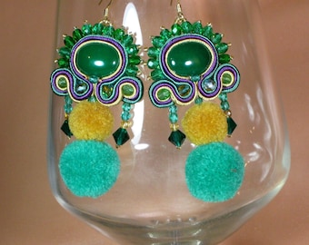 Elfiki - soutache earrings with pompom, green.
