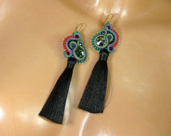 Black Tulp -  earrings soutache with Tassel