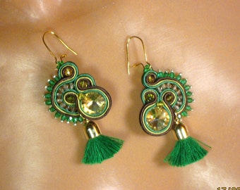 Green soutache earrings with tassel.