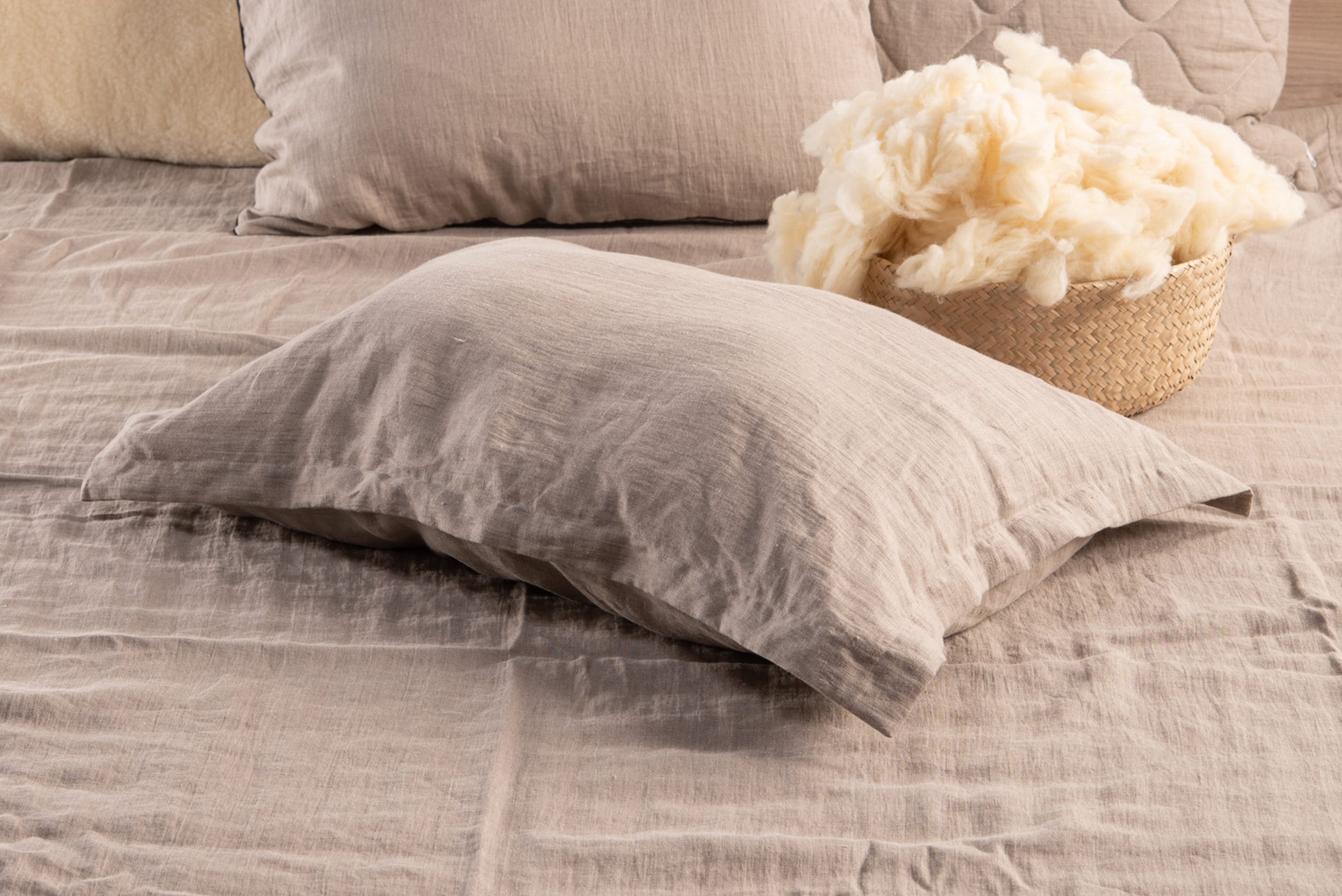 Wool filled pillow, Oxford style pillowcase, natural linen pillow, raw