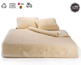 Parure de lit en laine mérinos, Lot de 2, 1 couverture en laine mérinos + 1 taie d'oreiller (150/50 cm), hypoallergénique