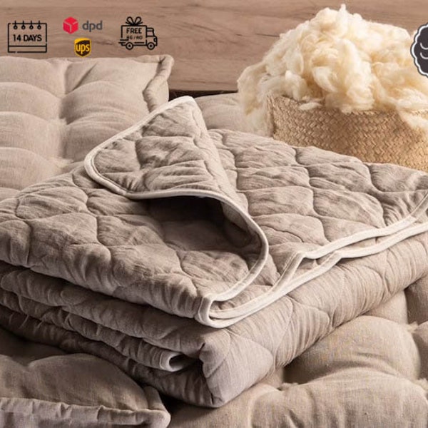 Couette en lin naturel, couverture en lin rembourrée de laine, couverture en lin toutes saisons, couette en lin rembourrée de laine, édredon en laine, couverture en laine mérinos, Europe