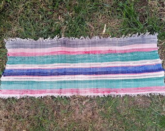 Vintage Handwoven Rag Rug: European Striped Folk Art (41.7 x 16.7 in)