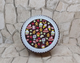 Vintage Scandinavian Cookie Tin: Round Colored Box