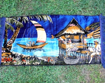 Vintage Velvet Wall Tapestry: Tropical Island Scene, Cabin Decor (21.5”x 47.2”)