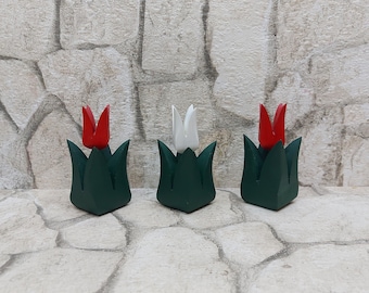 3 PCS Vintage Hand Carved Wooden Tulips: Swedish Folk Art Decor