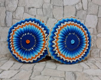 Vintage Knitted Chair Cushion Covers - Bulgarian Folk Art Set of 2