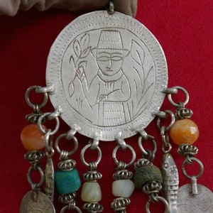 Ritual pendant Zar, Bedouin, Alexandria, Egypt, 1930, silver, turquoise, mother-of-pearl, carnelian, medals, fish,bells,charms,free delivery