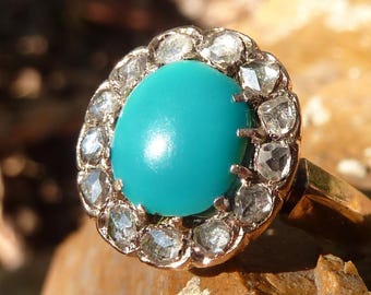 Antique daisy ring with Turquoise and rose cut diamond in 18K rose gold, 19th century
