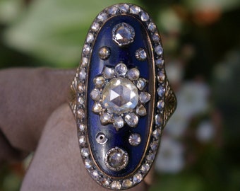 Exceptional 18th century French marquise ring, in rose cut diamonds, blue enamel, silver and rose gold