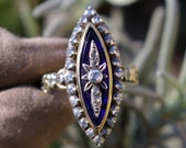 Navette blue enamel ring, diamonds, carved yellow gold and silver, rose cut diamonds, marquise, mid-20th, Netherlands, estate, free delivery
