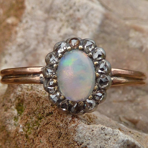 Marguerite Opal Ring and Rose Cut Diamonds in 18K Rose Gold and Silver, 19th Century