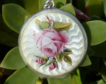Rose Enamelled Photo Locket Pendant Necklace in Solid Silver