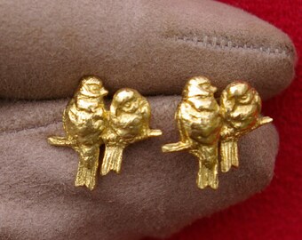 Boucles d'oreilles oiseaux en or jaune, puces, 18 kt, tourterelles, moineaux, colombes, amoureux, années 70, France, livraison offerte