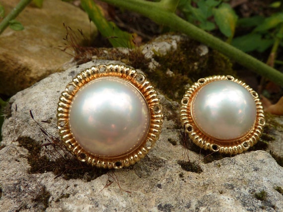 Boucles D'oreilles Rondes Vintage Or Avec Perles Blanches - Occasion, Référence *4609