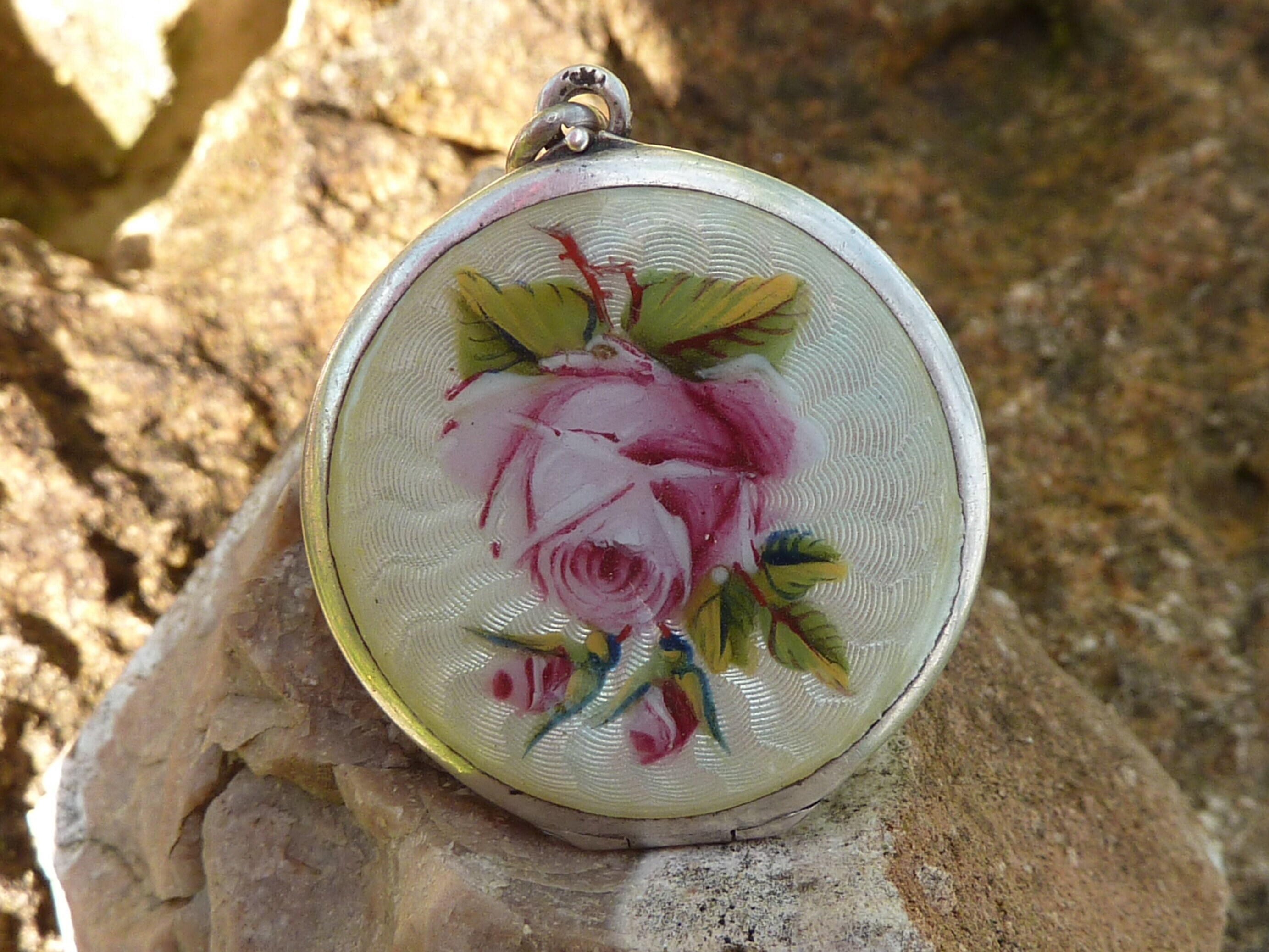 Médaillon Porte-photo Ancien - Rose émaillée & Monogramme