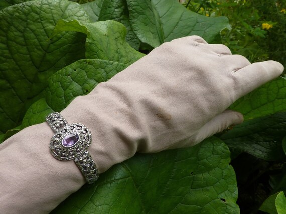 Bracelet Ancien En Argent Avec Améthyste Et Marcassites - Bijou Vintage (Occasion)