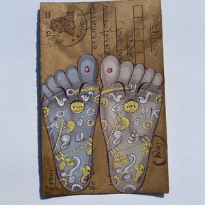 Une belle vieille peinture miniature du Rajasthan carte postale indienne d'un pieds de réflexologie, art, vintage