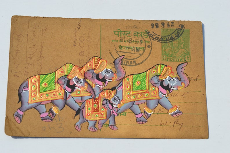 vintage A lovely old Rajasthan miniature painting Indian postcard of a indian elephants art