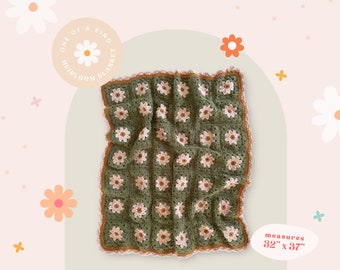 Handmade Olive Daisy Granny Square Crochet Blanket, Baby Blanket