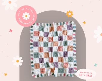 Handmade Checkered Crochet Baby Blanket, Heirloom Granny Square Throw