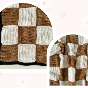 May include: A handmade crochet blanket featuring a checkerboard pattern in brown and off-white squares. The blanket has a black border. The close-up shows the texture of the yarn and the neatness of the stitches.