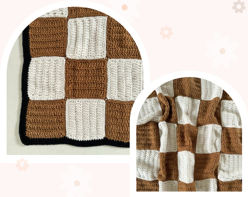 May include: A handmade crochet blanket featuring a checkerboard pattern in brown and off-white squares. The blanket has a black border. The close-up shows the texture of the yarn and the neatness of the stitches.