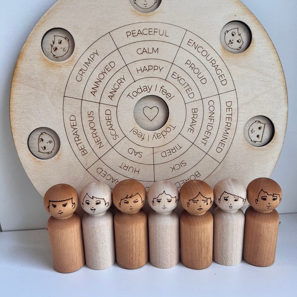 Feelings Emotions Wheel Faces on Peg Dolls With Board Montessori Wooden Toy Multicultural Educational Waldorf Wooden Toy