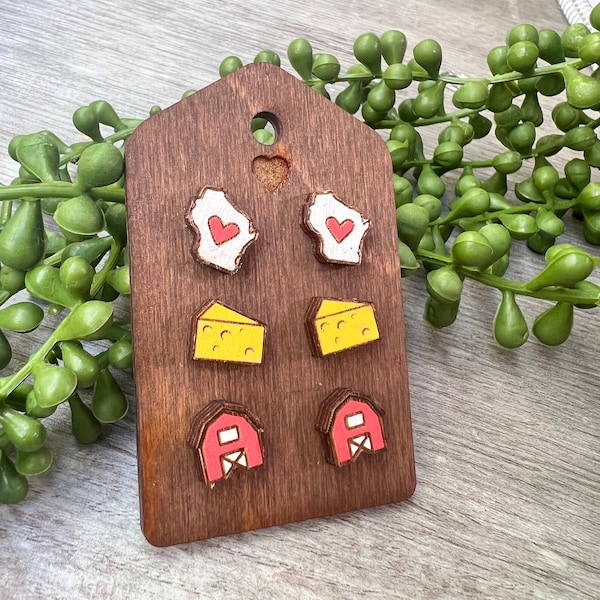 Wisconsin Themed Stud Earrings Farm Wisconsin State Cheese Head Three Pack