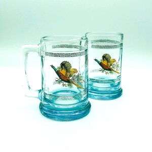 Vintage Princess House Blue Glass Pheasant Steins, Set of 2, Colonial Pattern