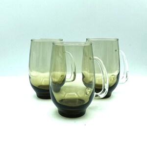 Vintage Libbey Tempo Brown Tankards, Set of 3, Smokey Brown Glass Steins with Clear Sculptured Handle
